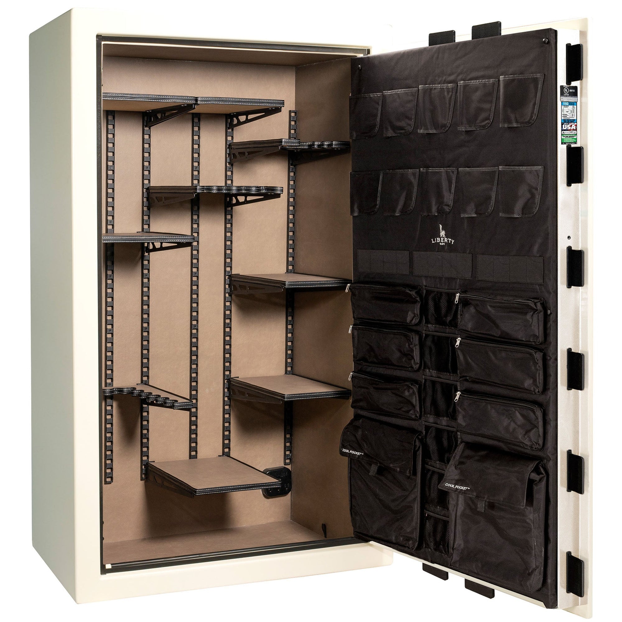 Franklin Series | Level 5 Security | 110 Minute Fire Protection | 50 | DIMENSIONS: 72.5"(H) X 42"(W) X 27.5"(D*) | White Gloss Black Chrome | ProFlex Modular Shelving - Open Door Empty